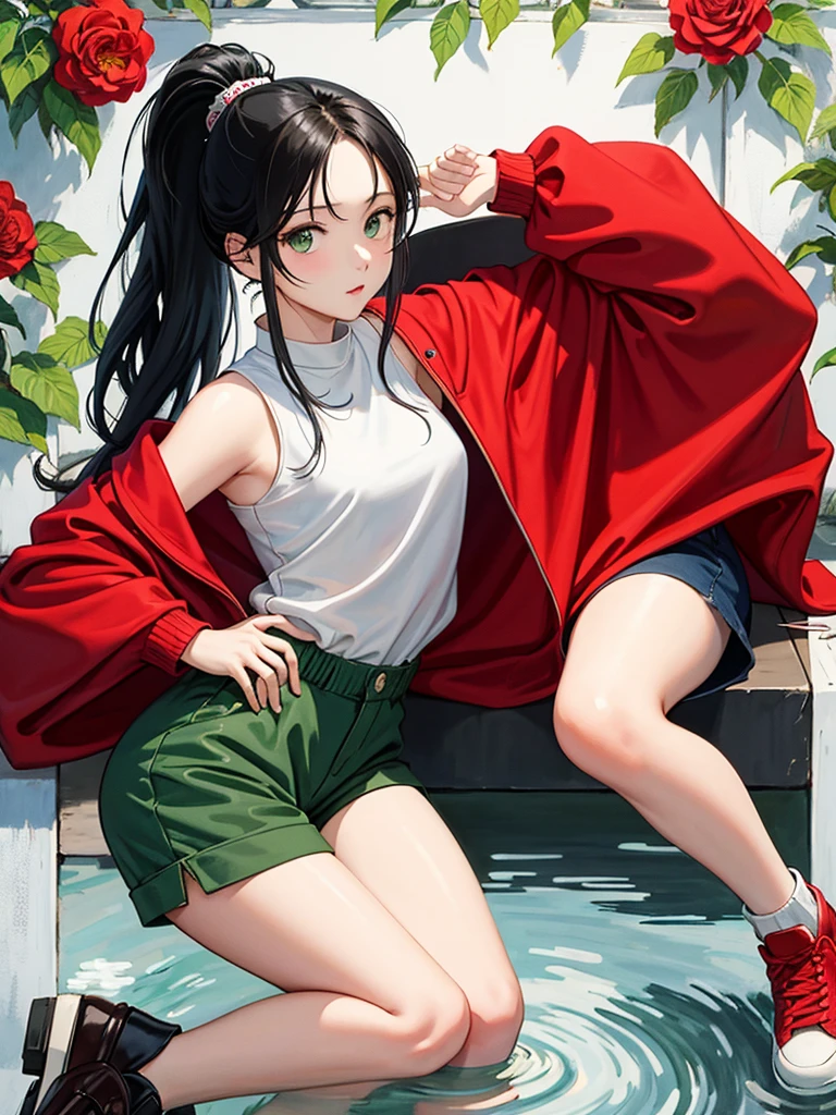 Moss green eyes、ponytail、1 thick braid、redいリボン、Black Hair、Long Hair、expose forehead、No bangs、カラフルな沢山のflowerに周りを囲まれている、色とりどりのflower畑、reflection、flower、Wearing shorts, red, Sleeveless jacket、White Dress、Oil painting、Draw the whole body、Drawing from head to shoes、Wide-angle、I'Wearing short boots。comics、An illustration、2D、Beautiful high image quality