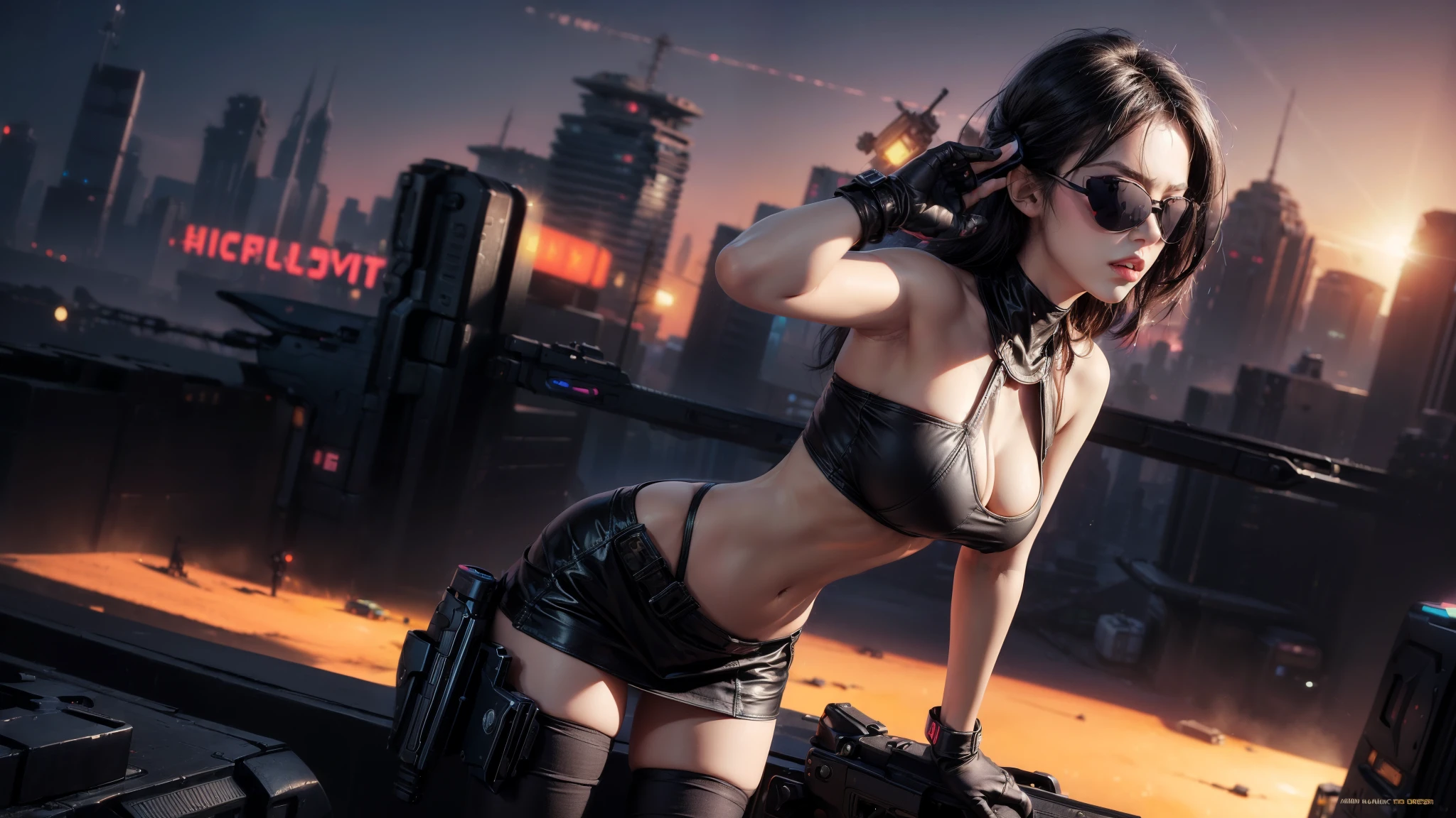 (((aerial view))) of futuristic cyberpunk city at night, hologram neon buildings, vivid colors, (((futuristic flying cars))) and futuristic cars, 3d rendering Beeple. large-breast:1.2 photorealistic sexy woman, solo, cleavage, off neck tube top, miniskirt, (((((black sunglasses, pistol shooting pose))))), standing, leaning forward, (((((half-body thigh level medium shot))))).