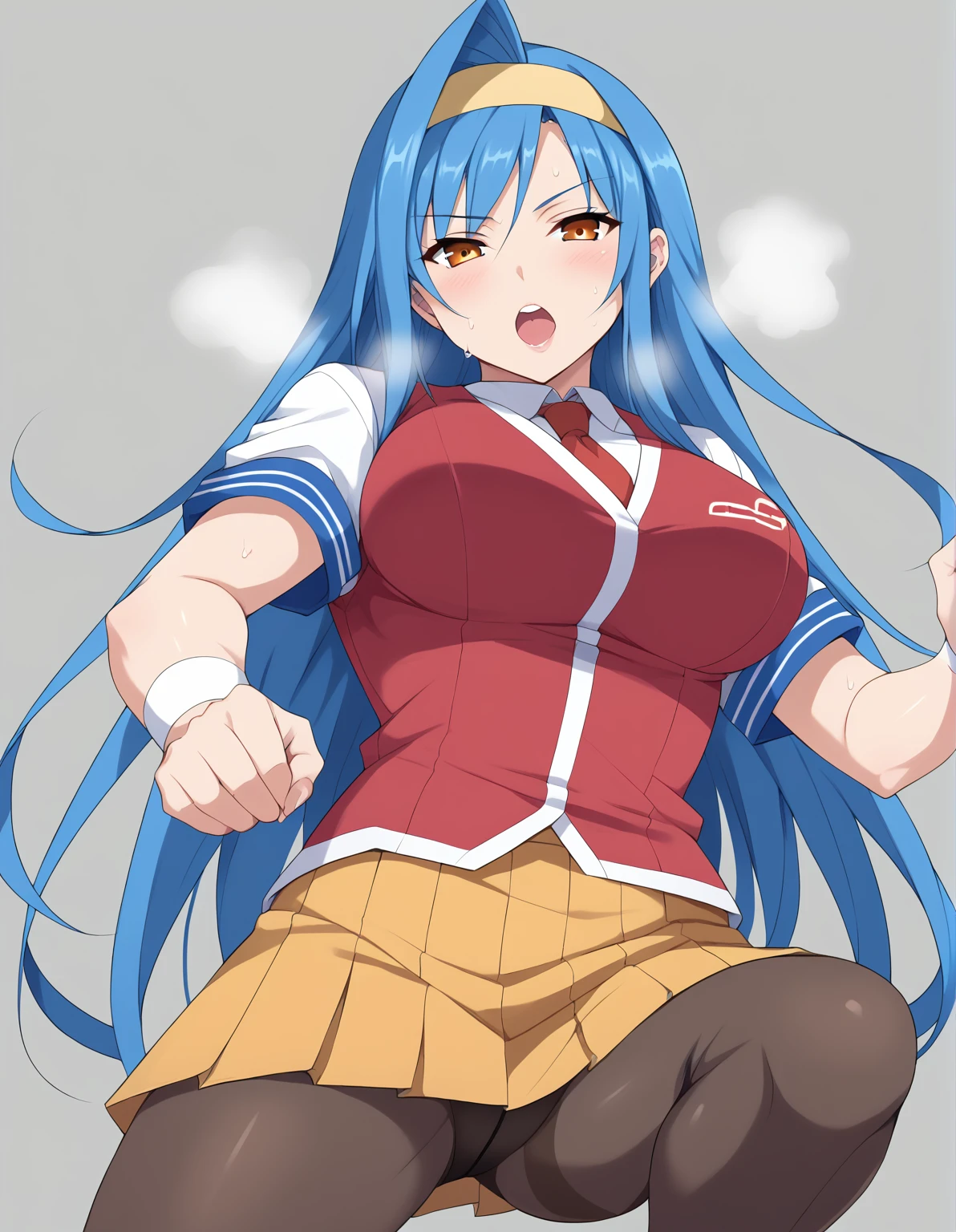 ((score_9, score_8_up, score_7_up, source_anime, rating_safe, BREAK saki tsuzura, 1girl, very long hair, blue hair, orange eyes, yellow hairband, red necktie, red vest, white shirt, short sleeves, white wristband, orange skirt, pleated skirt,pantyhose, black pantyhose,)),(nsfw,),((solo girl)),((Perfect body,))((Super beautiful,))((High quality,))((Heavy breathing,sweat, Sweaty and wet all over,blush)),gigantic breast, Looking at Viewer,(cowboy shot),half open eyes,(from below,),squatting and straddling,(Show off your crotch by opening your crotch in a crouching posture,)((Uterus, cross-sectional view of vagina,)) vaginal ,cum dropping pussy,full nude,(cowgirl style,)ahegao,fucked silly, sexual ecstasy,orgasm,grit teeth,(clear face,)penis in pussy,glaring shyly,