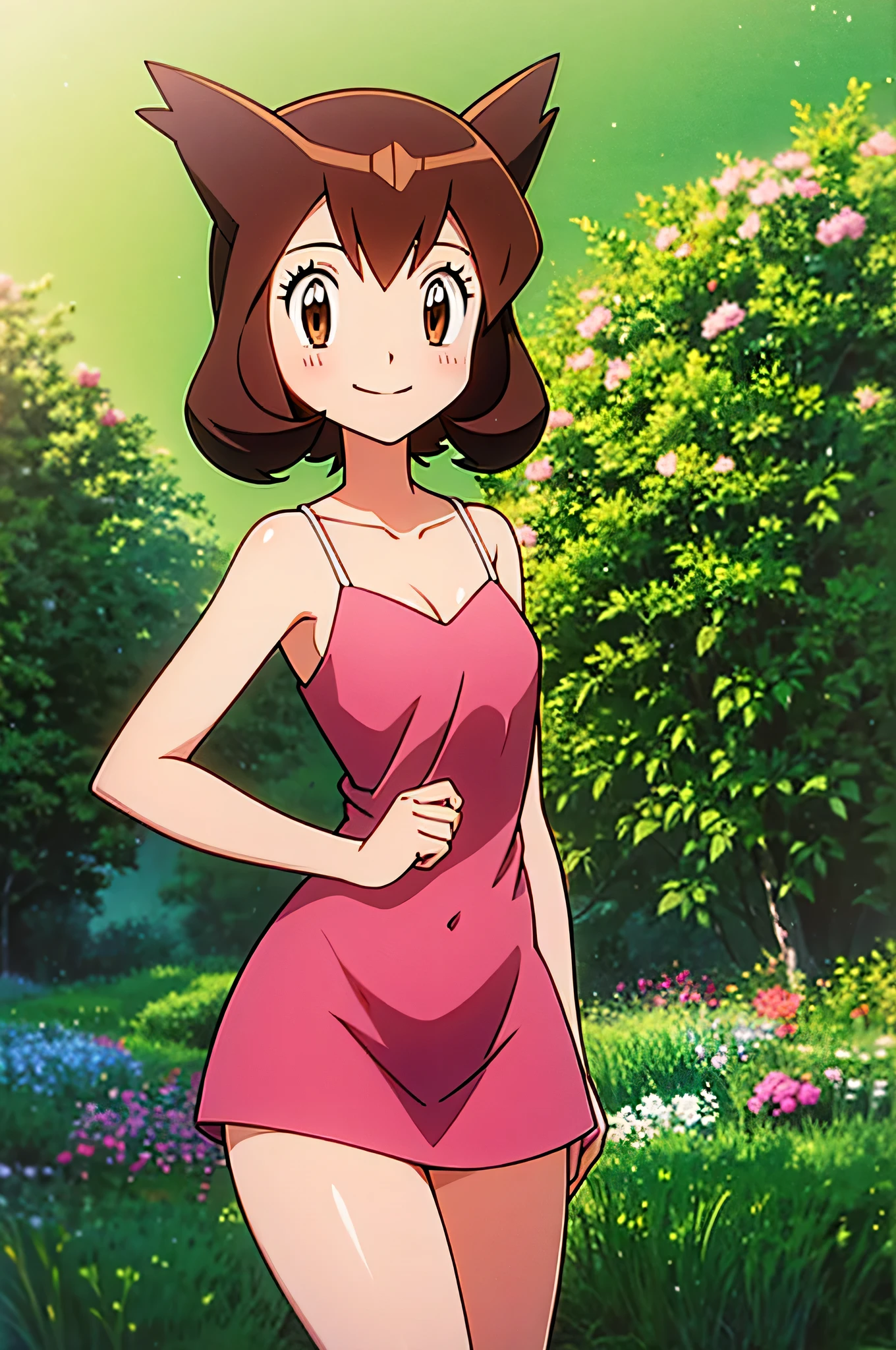 masterpiece, best quality, anime screencap, ultra-detailed, illustration, beautiful detailed eyes, very detailed illustration, cinematic lighting, 1 girl, solo, Pokemon Heroes (Bianca), Brown Hair, brown eyes, bare shoulders, sleeveless, pink camisole dress, soft skin, smile, very high resolution, garden background. ultra-detailed, hdr, far at the bottom, in the center,
