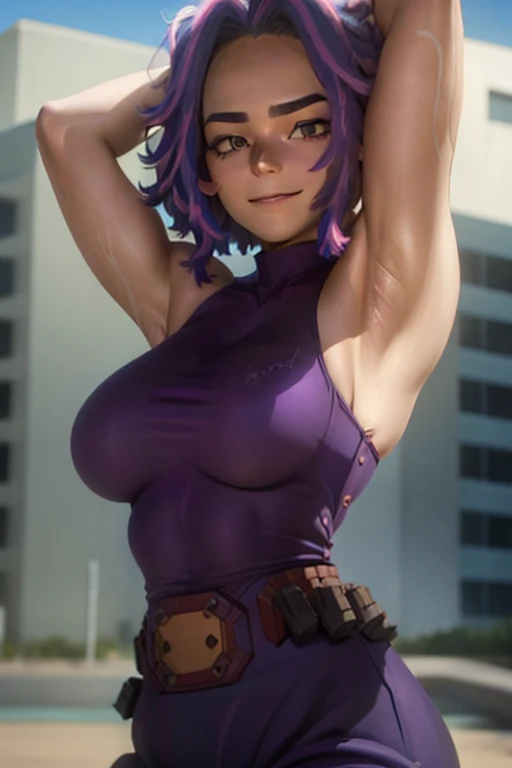 1girl, short hair, purple hair, multicolored hair, purple eyes,.masterpiece, best quality, photorealistic, yujiasuit, yoga sports bra, yoga pants, 1girl, solo, , yoga ball, pants, looking at viewer, smile, green sports bra, simple background, , midriff, long hair, breasts, green pants, sportswear, tank top, upper body, arms up, armpits visible