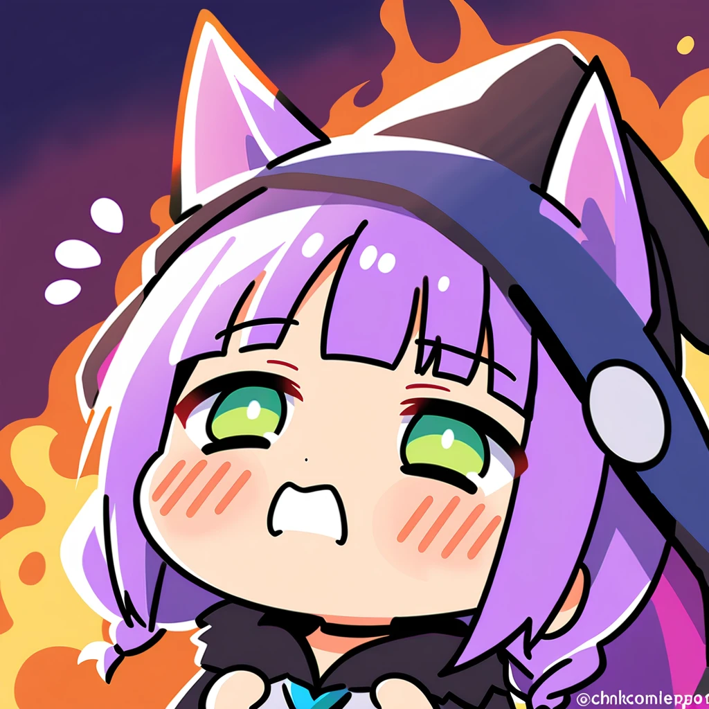 Top quality, masterpiece, chibi character, animal ear girl, peal purple and blunt bangs hair, twin braids, eyes closed, mouth wide open and screaming, blushing, face close to the front, 
A girl who was hit by flame magic and turned black, a wizard's hat with smoke coming out, a robe with a burnt hem, light purple but lightly charred braided hair, and green eyes.

 

 

