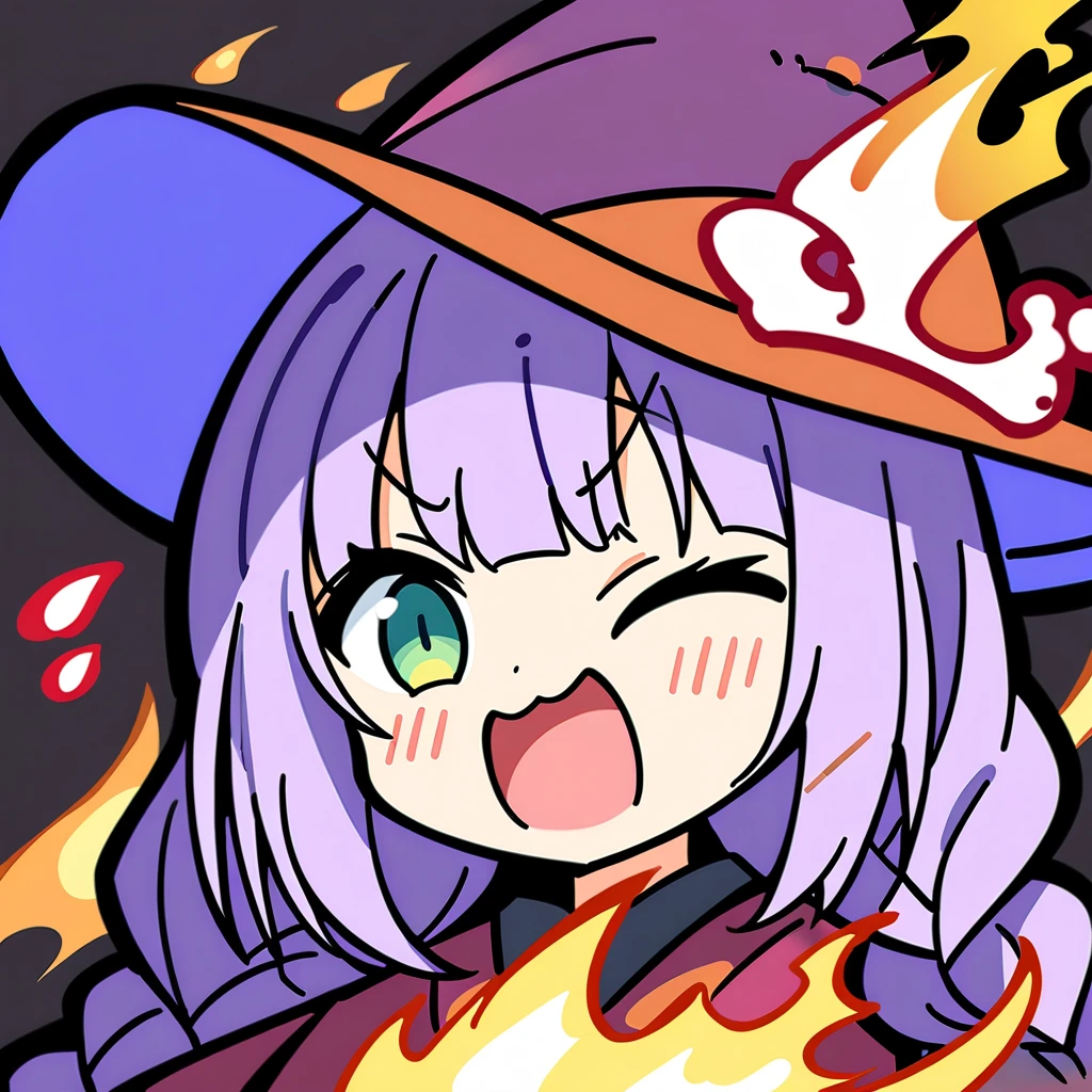 Top quality, masterpiece, chibi character, animal ear girl, peal purple and blunt bangs hair, twin braids, eyes closed, mouth wide open and screaming, blushing, face close to the front, 
A girl who was hit by flame magic and turned black, a wizard's hat with smoke coming out, a robe with a burnt hem, light purple but lightly charred braided hair, and green eyes.

 

 

