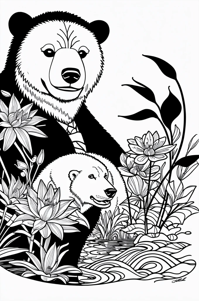 Black and white stick figure 1 bear with river lilies flower in the background, pineapple shirt, your fine ink line art, comic style, polar bear portrait,oso grisly , Pixar Style, beautiful line art, black and white comic style, Sleeve style, manga art style, pencil and ink cartoon drawing, black and white coloring