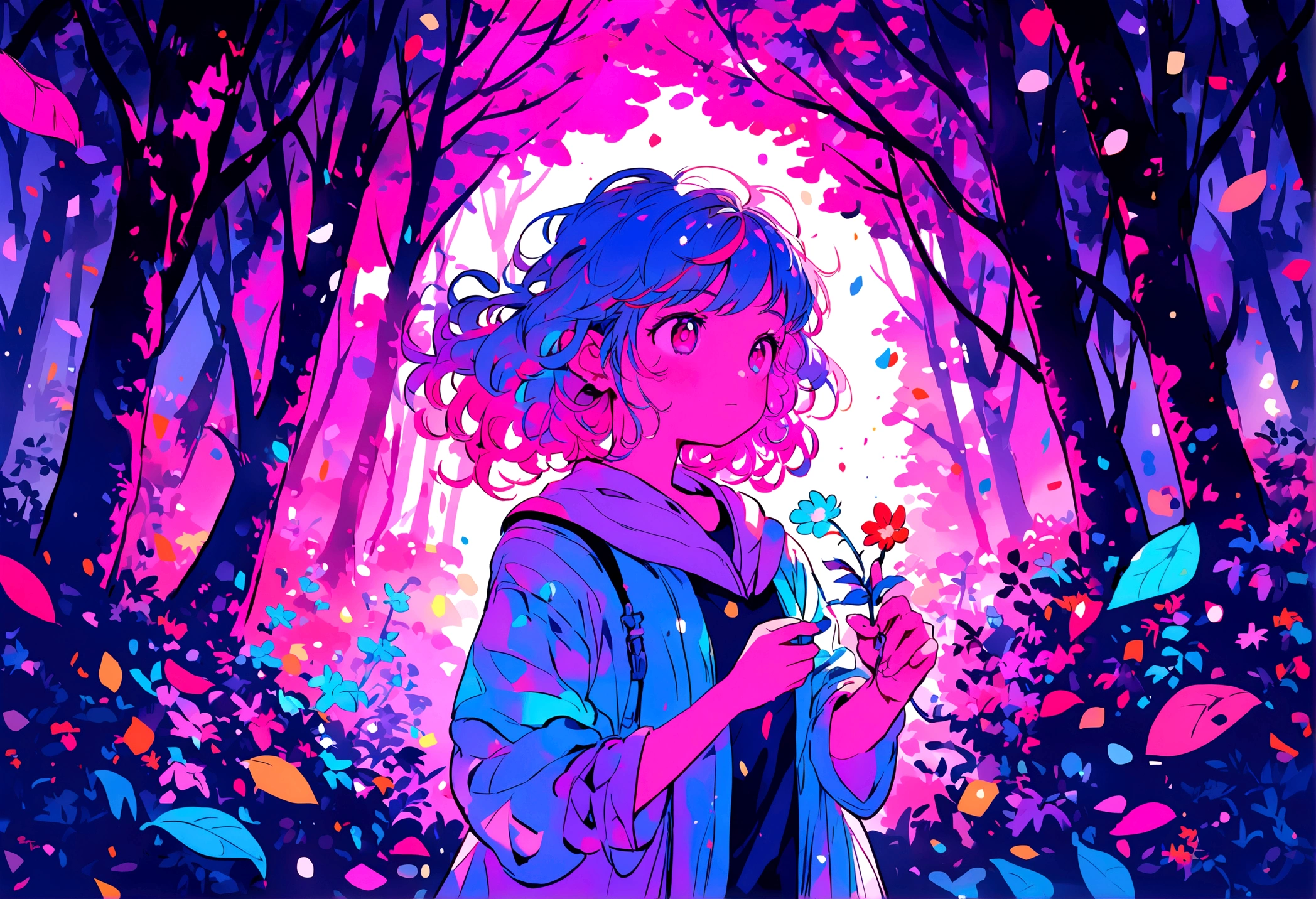 picking flowers, at the forest, ,swirly vibrant colors,soft lighting
