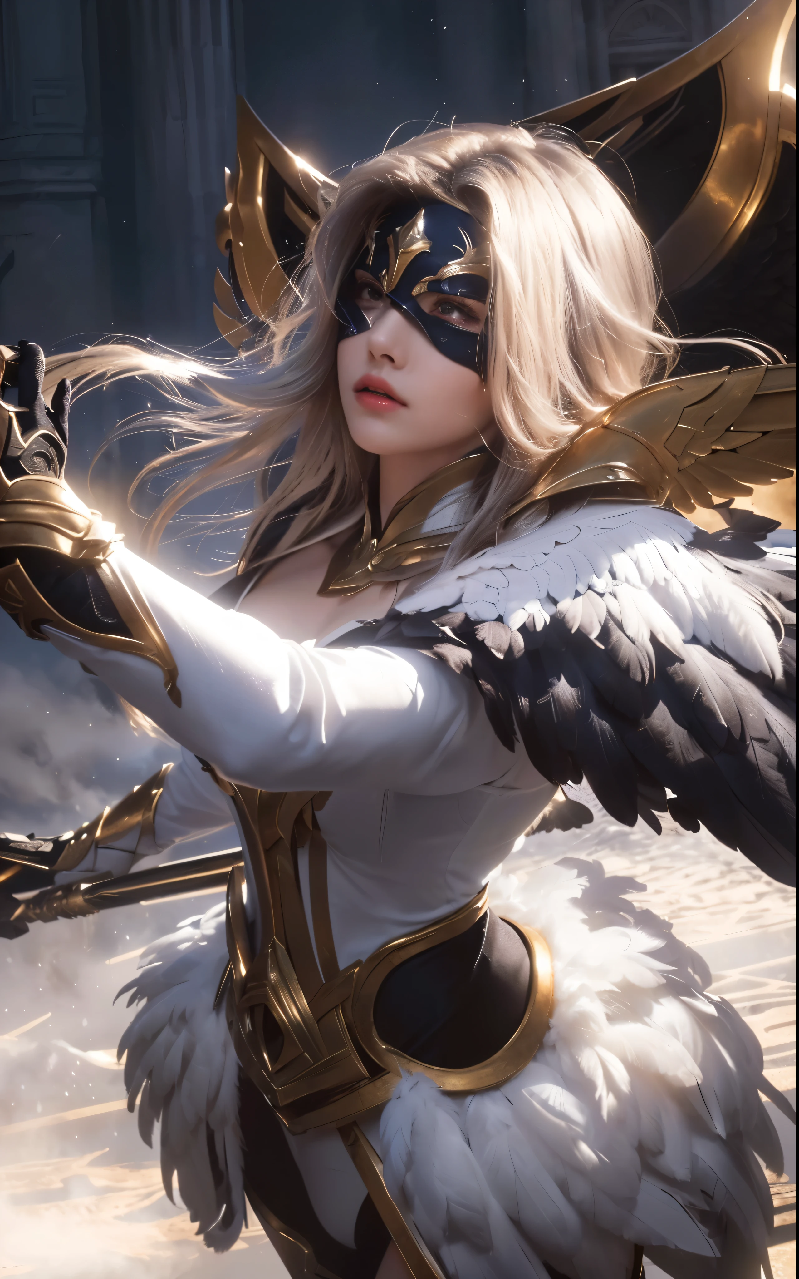 a woman angel knight, detailed facial features, beautiful long hair, detailed armor, feathered wings, dramatic lighting, cinematic composition, photorealistic, 8k, highly detailed, masterpiece, hyper-detailed, volumetric lighting, chiaroscuro, intricate details, glowing energy, ethereal, radiant, majestic, epic, fantasy, heroic, powerful, awe-inspiring