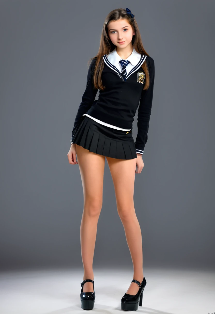 ( 1.5), european teen, teen brunette, beautiful teenage face, White skin, girl beautiful face, beautiful baby, me breasts, large eyes, long legs, healthy body, (schoolgirl outfit 1.5), naked torso, (small black miniskirt 1.5), (show legs and thighs), Black Platform High Heels, long legs sexy delgadas, modeling, medium angle shot, Full Body Lust, sexy slim body, (sexy seductive posture, (legs open towards the viewer 1.5), ass and thighs showing, NY, USA, ray tracing, HDR