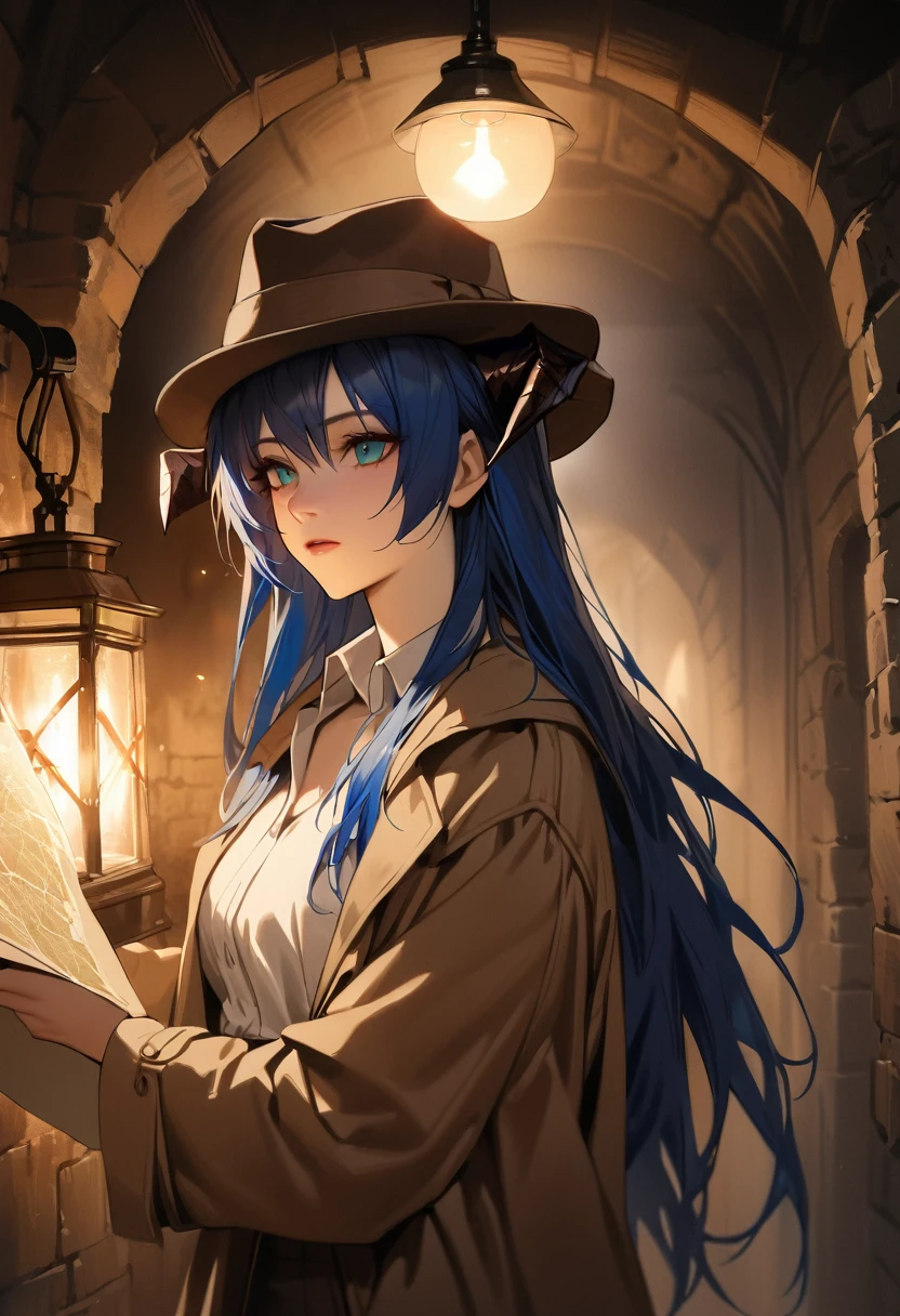 ((adult)), (woman), ((tall)), ((Mostima from arknights)) , masterpiece, best quality, ((Bluer hair long)), horns, plain white shirt, brown coat, holding a map and a lamp, indiana jones outfit, hat, realistic anime style, inside of a dark catacomb, portrait.