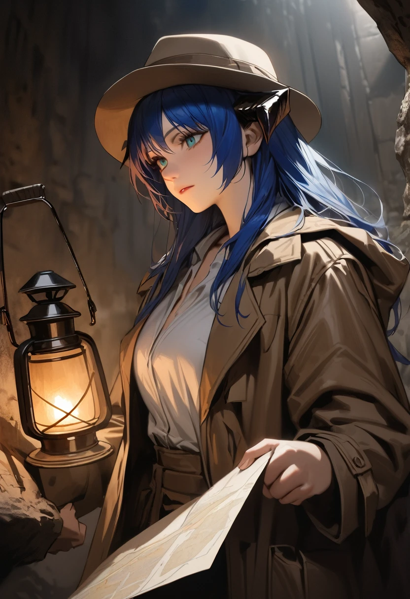 ((adult)), (woman), ((tall)), ((Mostima from arknights)) , masterpiece, best quality, ((Bluer hair long)), horns, plain white shirt, brown coat, holding a map and a lamp, indiana jones outfit, hat, realistic anime style, inside of a dark catacomb, portrait.