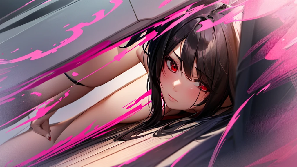 An adult woman, half fox, black hair with red stripes, pink and red eyes, very shy, very sexy, underwear, lying down