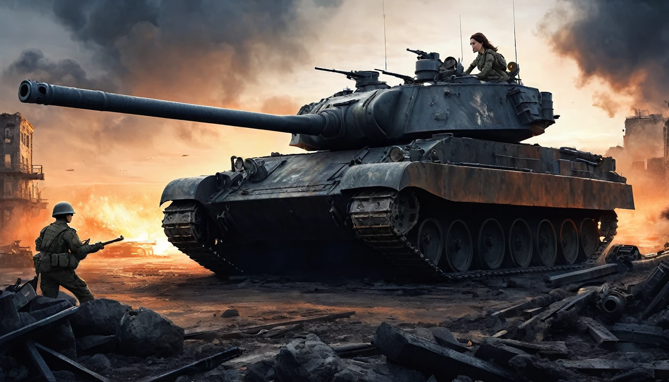 (A female soldier stands on the left and touches the tank gun barrel,Saying goodbye,Background is the ruins of the city,Under the sunset:1.5)painting masterpiece, Extremely detailed, Black White Dark Steel Dark Blue Black Light Brown Dark Brown White Light Orange Dark Red Dark Green, Dramatic Lighting, evening, High contrast, steam, FOG, Israeli soldiers fighting with tanks on the battlefield, Movie Lighting, Aspect ratio of 16:9, steam, 4K, professional ominous Concept Art, author:artgerm and greg rutkowski, complex, elegant, Highly detailed digital painting, Concept Art, Smooth, Clear focus, illustration, Simon Starenhagen's style, Wayne Barlow, 和 igor kieryluk., Acrylic painting, Popular in pixiv Fan Box, Palette knife and brush strokes, Makoto Shinkai's styleJamie WiseJames GirardEdward HopperGreg RutkowskiStudio GhibliGenshin Impact