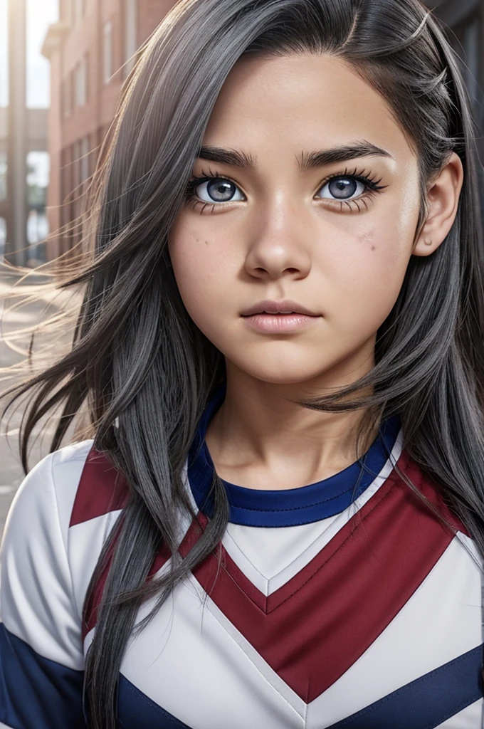 My hero academia anime, girl with gray eyes and hair, with a serious expression and a gray scar on the left side of his face from his chin to his forehead, wearing the UA uniform and UA school background