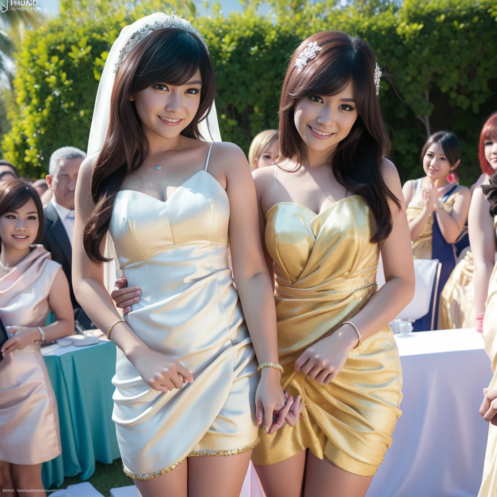 5 beautiful Indonesian women in transparent mini dresses,g-strings,taking photos at a wedding, bride and groom,smiling at audience,bangs,best quality,4k,8k,highres,masterpiece:1.2,ultra-detailed,realistic,photorealistic,photo-realistic:1.37,HDR,UHD,studio lighting,ultra-fine painting,sharp focus,physically-based rendering,extreme detail description,professional,vivid colors,bokeh,portraits,photography