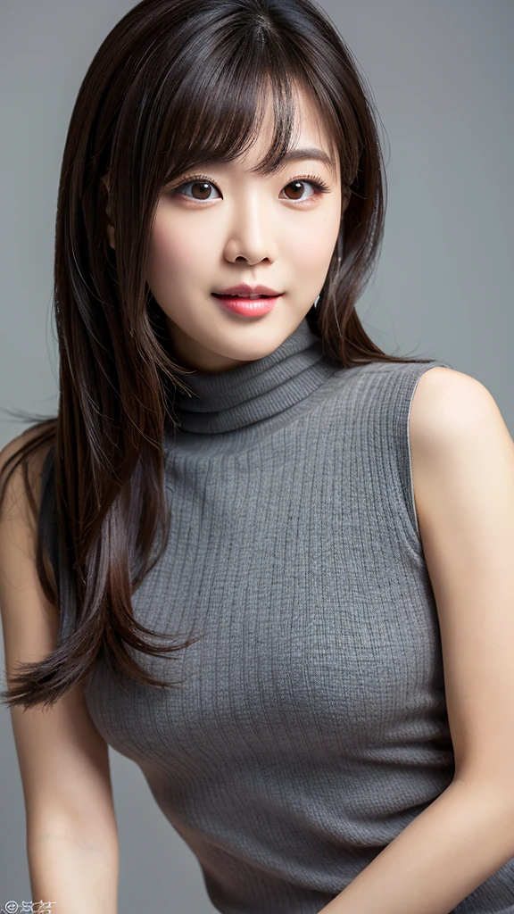 Normal chest,(between legs),cute,(Detailed face),Grey sleeveless turtleneck dress,4K,Ultra-high resolution,(Photorealistic:1.7),Black long hair,Gray background,