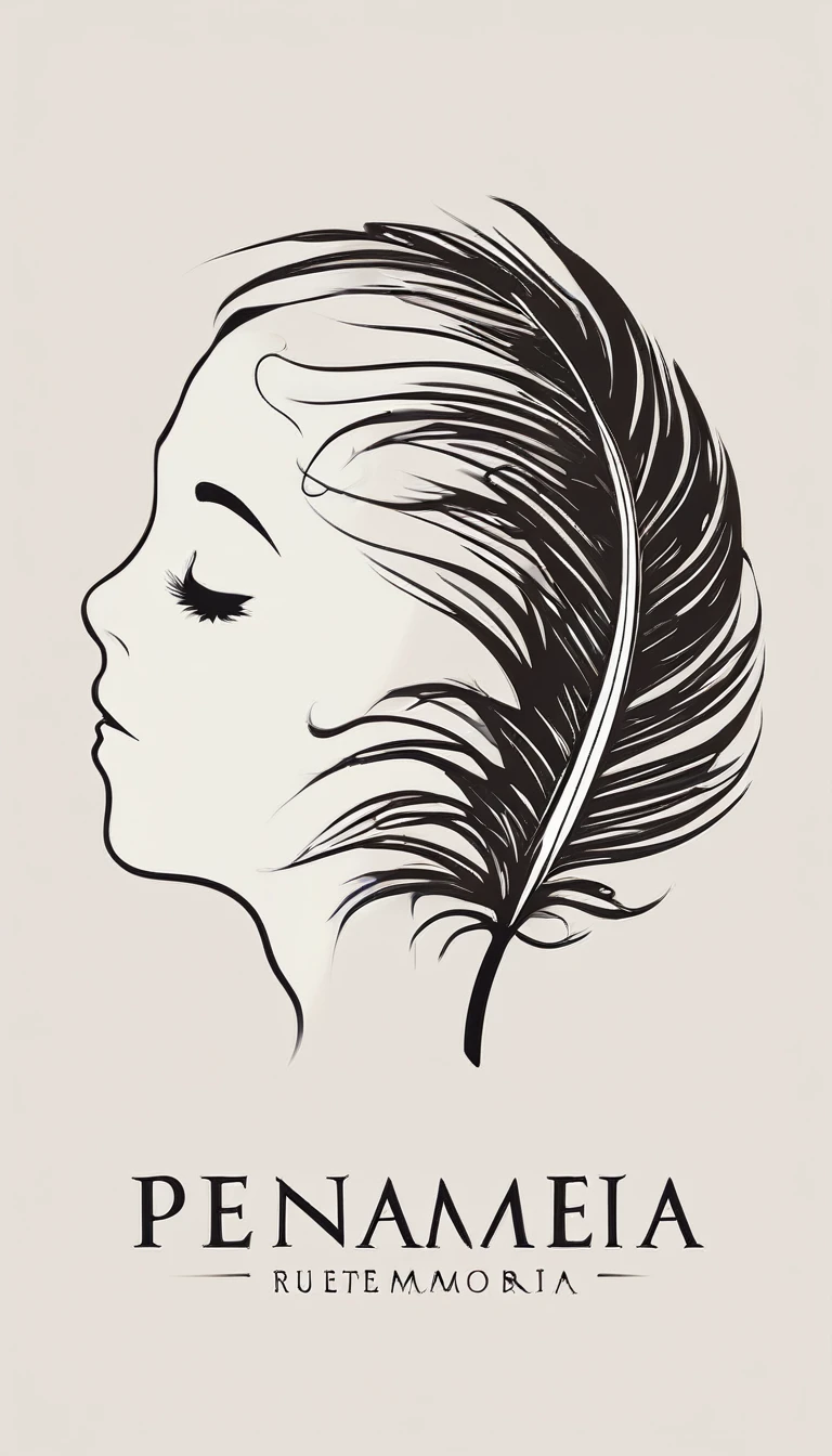 A minimalist, fantastic, poetic, dreamy, captivating, memorable, masterpiece, modern, simple logo design of a boy and a feather for the brand “Penamemoria". The logo must convey a sense of music, stories and dreams. Minimalistic logo design of a boy and a feather.