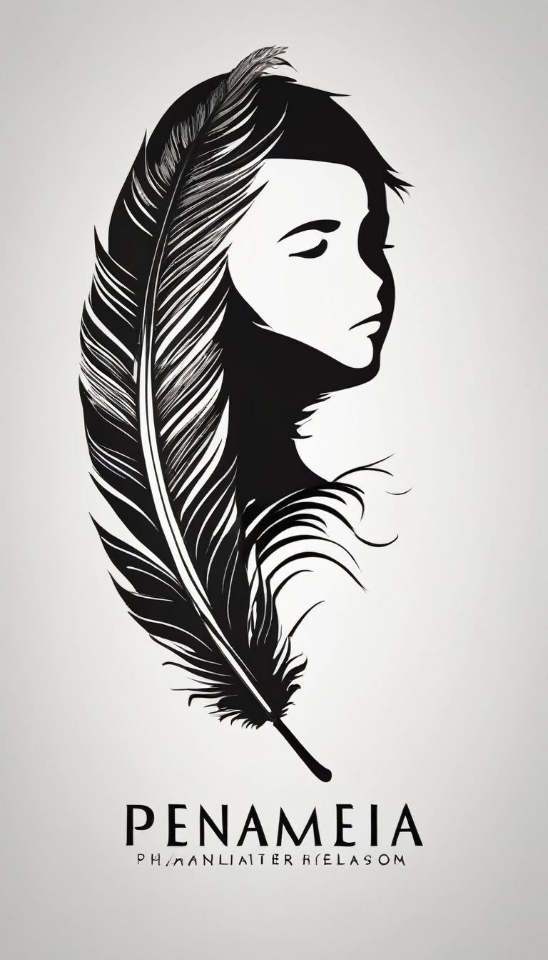 A minimalist, fantastic, poetic, dreamy, captivating, memorable, masterpiece, modern, simple logo design of a boy and a feather for the brand “Penamemoria". The logo must convey a sense of music, stories and dreams. Minimalistic logo design of a boy and a feather.