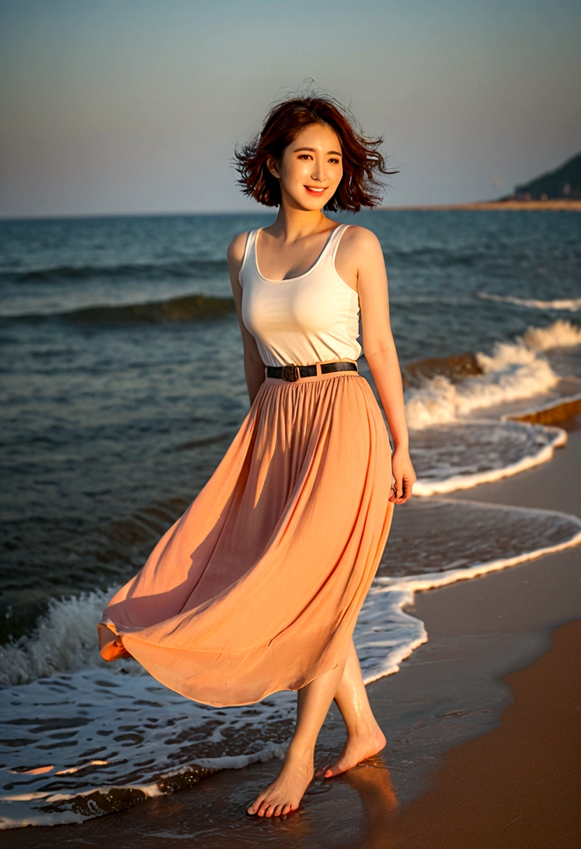 sunset red sun on the beach，A strong lingering scent is reflected in the sea., Beautiful 36-year-old short Korean woman, Chest size 34 inches, Wear sleeveless, lightweight mid length skirt. beautiful pretty woman look , wearing a light skirt , Go far into the sea water and dip your toes., Short medium hair blowing in the wind, 1 woman, beautiful eyes, a little smile, Full-body photo taken from afar with a wide-angle lens, The background is clean and perfect., the waves are coming
