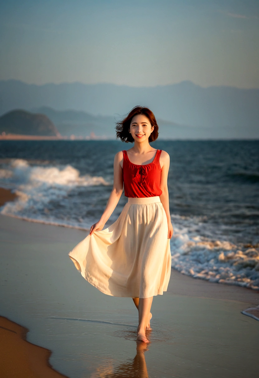 sunset red sun on the beach,A strong lingering scent is reflected in the sea., Beautiful 36-year-old short Korean woman, Chest size 34 inches, Wear sleeveless, lightweight mid length skirt. beautiful pretty woman look , wearing a light skirt , Go far into the sea water and dip your toes., Short medium hair blowing in the wind, 1 woman, beautiful eyes, a little smile, Full-body photo taken from afar with a wide-angle lens, The background is clean and perfect., the waves are coming