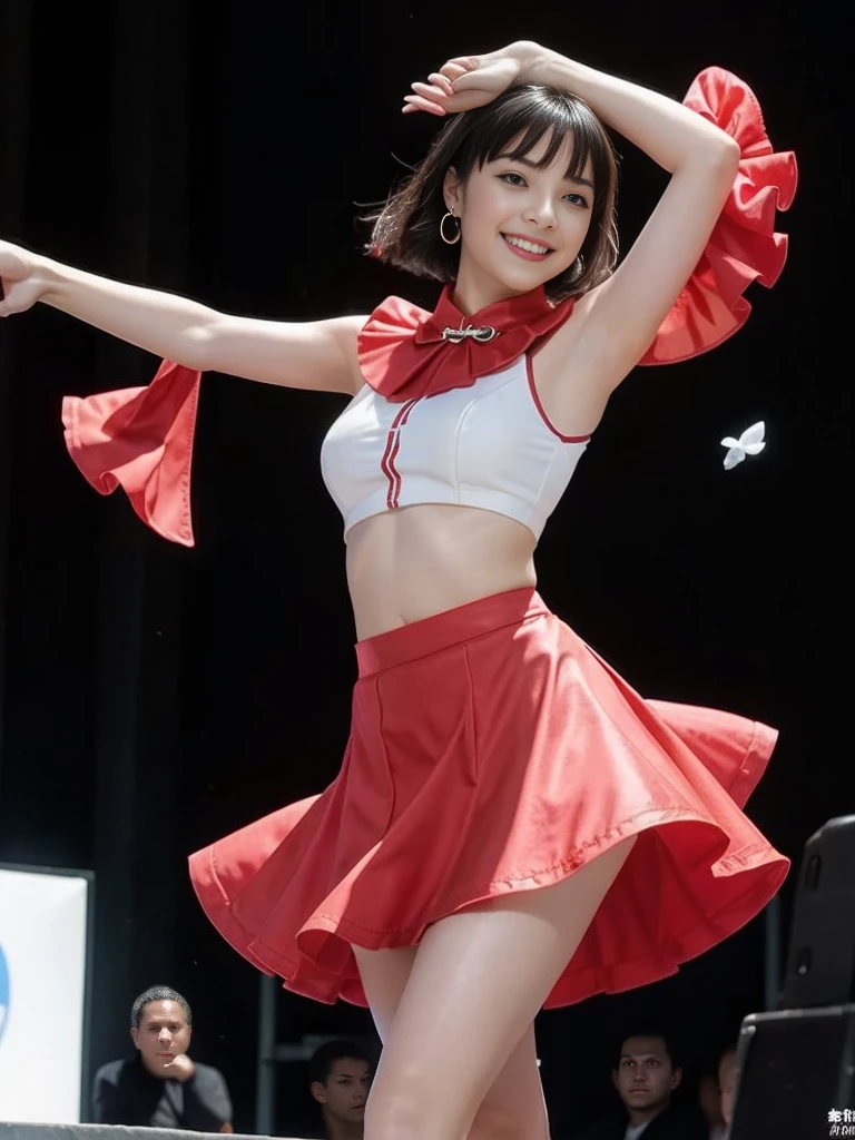Colorful photograph, Uplifting, ((masterpiece, best quality, absurdres, 8K, super fine illustration, detailed eyes, beautiful face, light smile, shiny skin)), ung girl, Colorful top Idol, Smile full of happiness, whole body, good style, ((Idol costumes with 5 or more colors;1.5)), ((Idol costumes with lots of frills)), very cute idol costumes, colorful balloons, Many large and small soap bubbles, (Dancing dynamically;1.2), (kicking one leg high;1.2), ((Dancing on a gorgeous outdoor stage;1.4)), very luxurious stage, amazing gorgeous stage, ((extremely detailed Fluttery micro mini skirt, extremely detailed colorful skirt. micro mini Skirt very fluttering in the wind;1.4)), (((skirt is flipped up by the wind;1.5)))