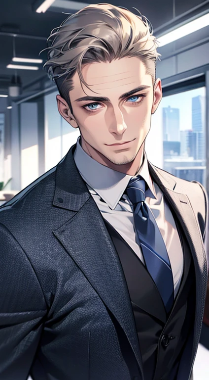 (best quality,4k,8k,highres,masterpiece:1.2),ultra-detailed,(realistic,photorealistic,photo-realistic:1.37),1 man,31 years old,mature man,very handsome,without expression,smile,short grey hair,blue eyes,penetrating gaze,perfect face without errors,imposing posture,businessman,office background,cinematic lighting,hdr image