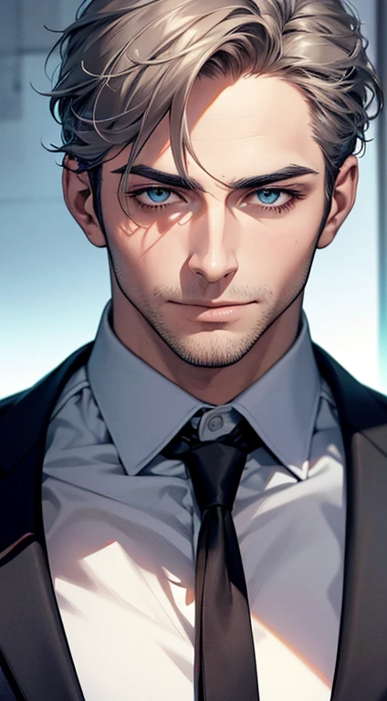 (best quality,4k,8k,highres,masterpiece:1.2),ultra-detailed,(realistic,photorealistic,photo-realistic:1.37),1 man,31 years old,mature man,very handsome,without expression,smile,short grey hair,blue eyes,penetrating gaze,perfect face without errors,imposing posture,businessman,office background,cinematic lighting,hdr image