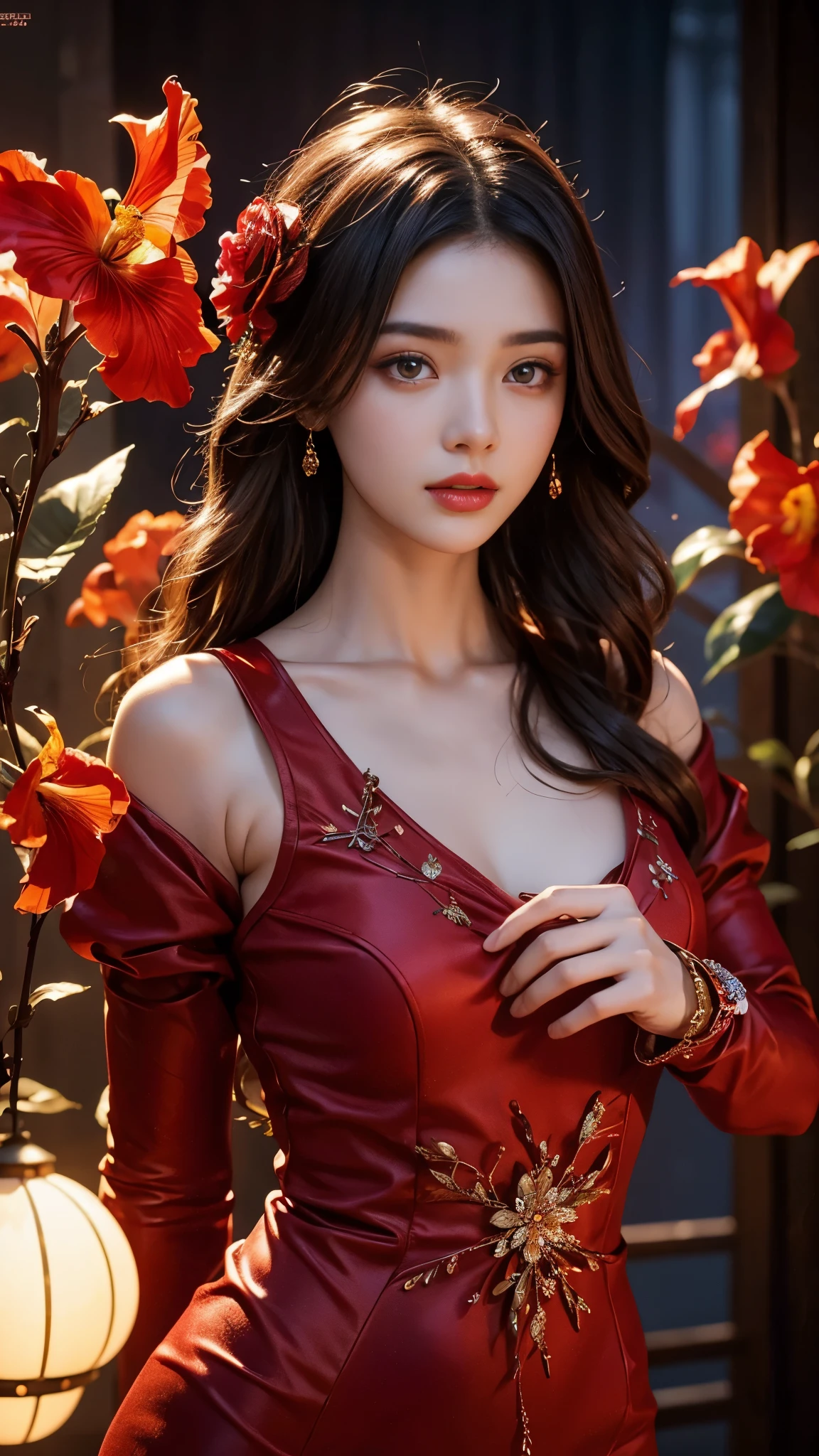 Full figure, seven -clinging shooting, 18 years old, wearing firefly clothes, exquisite faces, details, hands, ultimate details, amazing magnificence, Pedaipan style, fiber hair, glowing red iris, glowing red flower,
