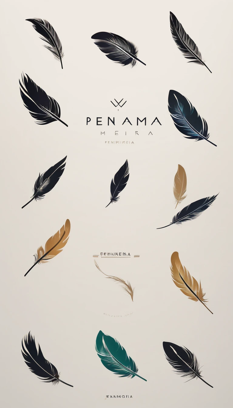 A minimal, modern, simple, cinematic logo design for the brand “Penamemoria". Create a modern, minimalistic, high-quality, logo of a feather that brings memories. The logo must be a symbol for dreams, stories, memories, music and imagination.