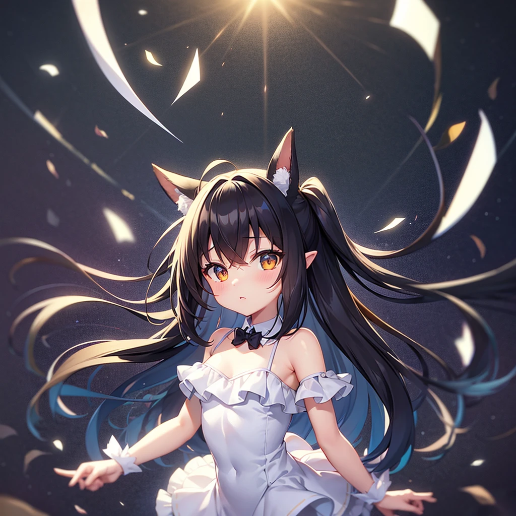 (Bunny girl),Dropped ears,Cute little ,Tiny ,Small girl,,Childish face, Very fine clean face,Top quality,Black Hair,(Dark Room), Subtle light, Natural light,Soft lighting,Light from directly behind, (Are standing),With bust up,Front view,Black background