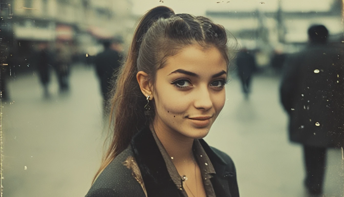 35mm vintage street photo of a very beautiful innocent cute looking lady, 18 years old, dimples, big eyes, tall nose, small mouth, ponytail hair, body tattoo, wearing suit, smiling