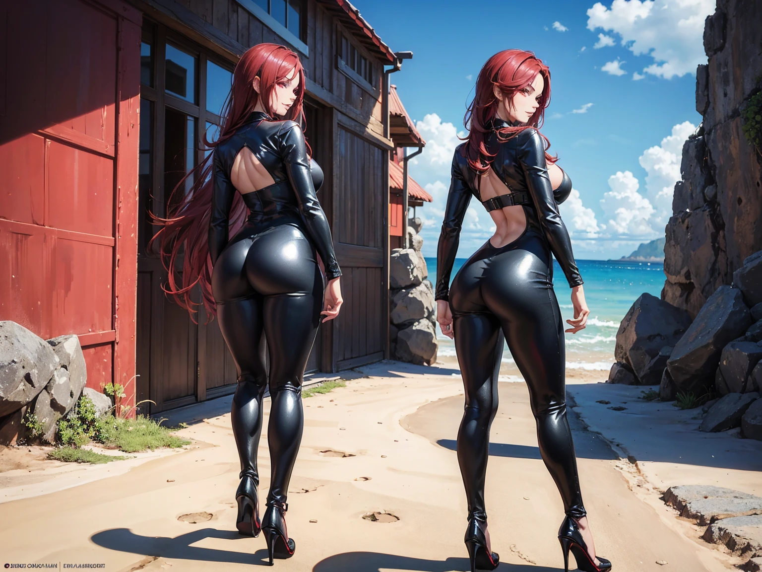 2 women, standing, with seductive expression, loving smile, view from behind, perfect ass, detailed eyes, pose sexy, long dark crimson hair, his super detailed glowing eyes, Full lips painted red, chiseled physique and wide hips. He wears a closed black leather jumpsuit., whose shiny surface accentuates its shape. Walking on a sunny beach, This image oozes realism., capturing the essence of a fragile figure. digital art, photorealistic and high definition technique