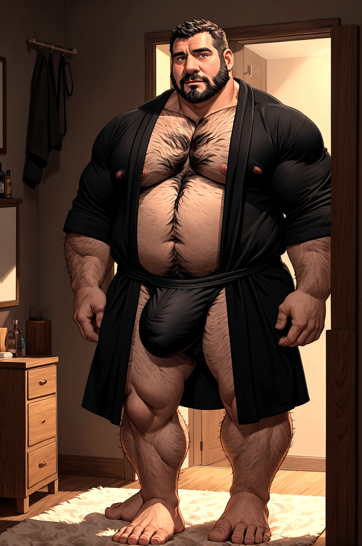 40 years old white Male, tall, giant body, handsome, dad bod, beefy, strong arms and legs, wide shoulders, a bit chubby muscle gut, a bit of fat but still very muscular, extremely hairy, (((a lot of body hair))), short beard, wearing a untie black bathrobe, (wearing black brief), (enormous oversized bulge), barefoot, modern living room