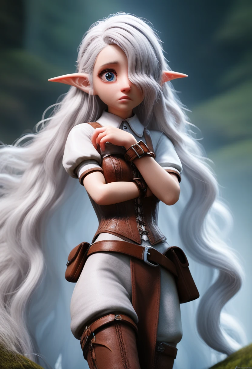 a small girl with pale skin, very long wavy silver hair covering one eye, bright blue anime-style eyes with long lashes, wearing a corset, white puffy long sleeved shirt, and puffy cloth pants, leather bound boots, set in a windy fantasy landscape, (best quality, 4k, 8k, highres, masterpiece :1.2),ultra-detailed,dungeons and dragons, long elf ears, detailed skin and cloth textures, cute detailed face, intricate details, extremely detailed, 1girl, dynamic pose with hair covering one eye, shy personality, puffy cloth pants with leather belt, detailed privateer outfit, detailed buccaneer outfit, pouch on belt, wearing ornate leather armor with fur trim, silver inlay detail, wearing fur trimmed boots, wearing fur trimmed gloves, short, short height, halfing girl, small girl, very long detailed flowing hair, big head, big round eyes, windy, wind blown hair,bwirey muscles, fighter, dynamic angle, kineticist, pathfinder, pathfinder kineticist, wind kineticist, pouty lips