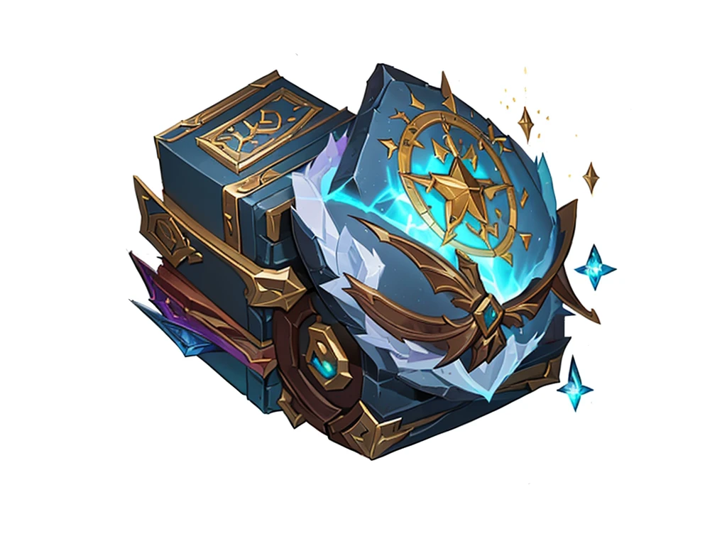 There is a bag with a bunch of stuff in it., Treasure Artifact, league of legends inventory items, Magic Items,, Object Art,World of Warcraft Spell Icons, hero prop, Floating Spellbook, Sphere of Agamemnon, Fantasy game spell icons