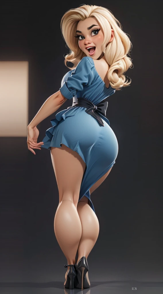 high detailed, masterpiece  1girl cartoon character in blue dress, long blonde hair, lewd expression, open mouth, tonge out, from behind, looking at viewer, perfect hands, big perky breasts, wide hips, thick thighs, ultra realistic digital art, a 3D render, photorealism, clean scene, black background, black wall