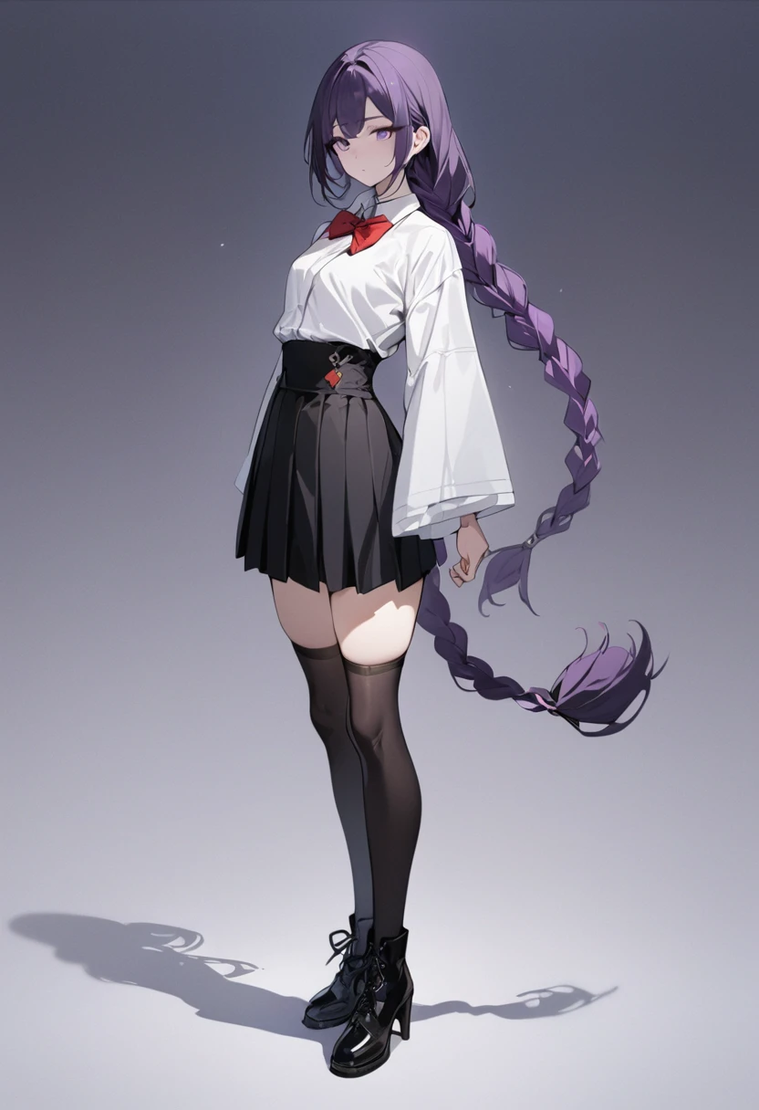 masterpiece, best quality, adult female, dark purple hair, very long single braid, bright purple eyes, white collared shirt with furisode sleeves, thin red bow tie with a diamond-shaped pin on the front of the bow under the collar, black high-waisted pleated skirt, dark purple thigh high socks, black ankle boots, emotionless, calm, expressionless, simple white background, full body, standing