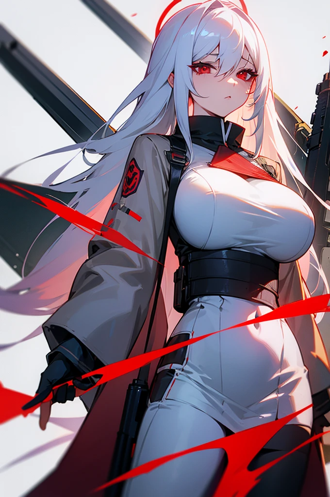 Woman gun long white hair red eyes big breast