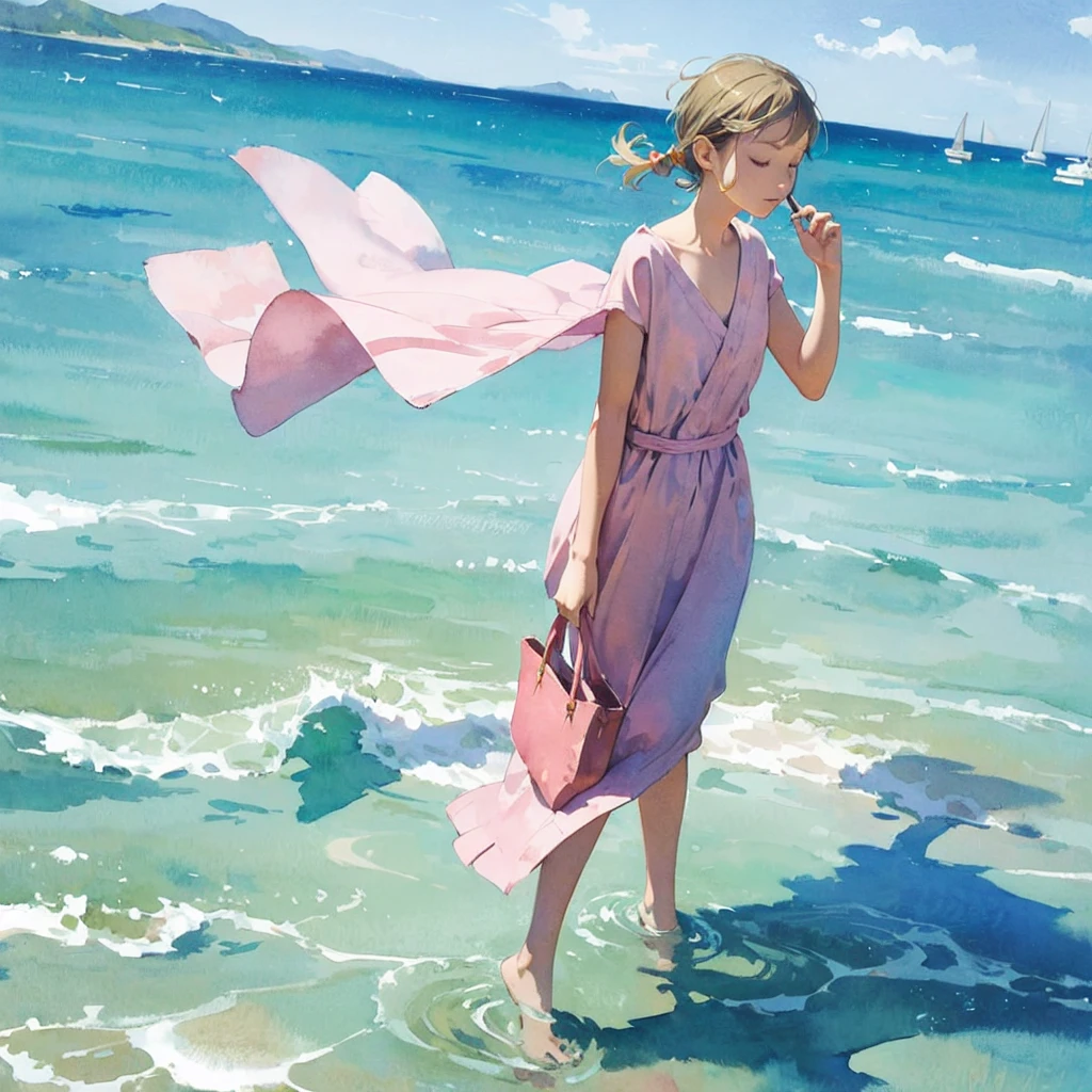 Tranquil voyager girl, in watercolor style, Photorealism, discreet pink and mint shades, barefoot