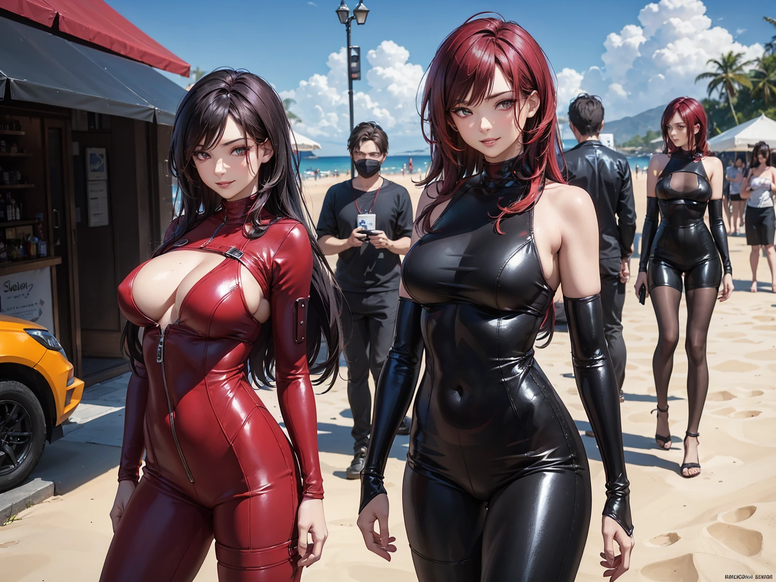 2 women, standing, with seductive expression, loving smile, view from front, detailed eyes, pose sexy, long dark crimson hair, his super detailed glowing eyes, Full lips painted red, chiseled physique and wide hips. He wears a closed black leather jumpsuit., whose shiny surface accentuates its shape. Walking on a sunny beach, This image oozes realism., capturing the essence of a fragile figure. digital art, photorealistic and high definition technique
