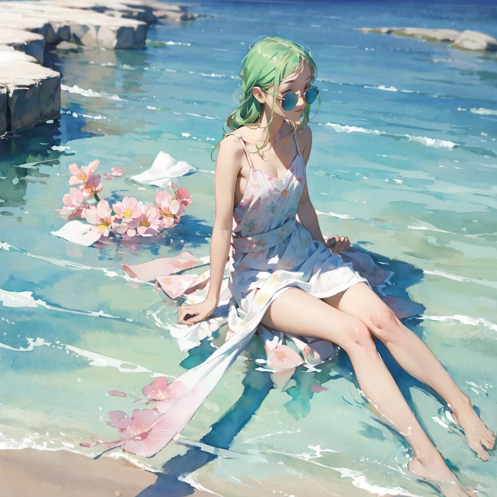 Tranquil voyager girl, in watercolor style, Photorealism, discreet pink and mint shades, barefoot
