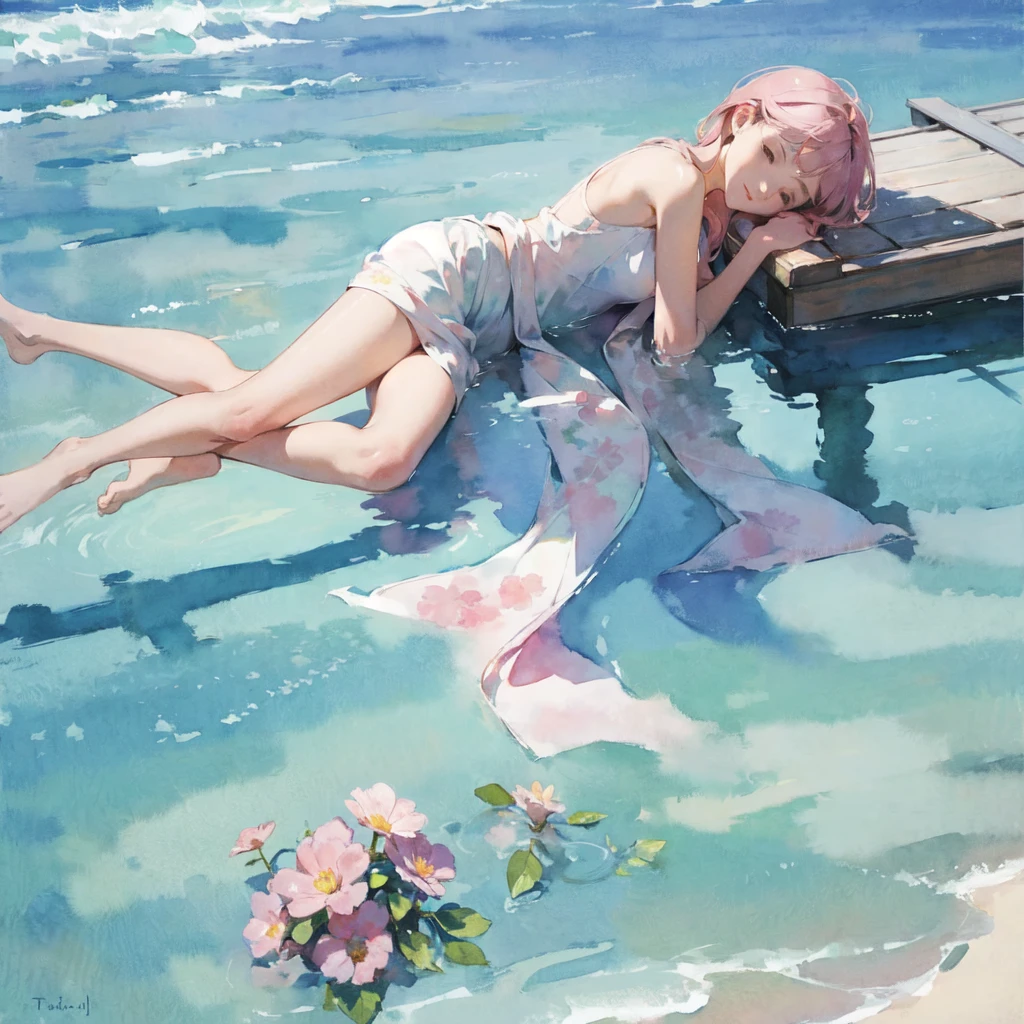 Tranquil voyager girl, in watercolor style, Photorealism, discreet pink and mint shades, barefoot