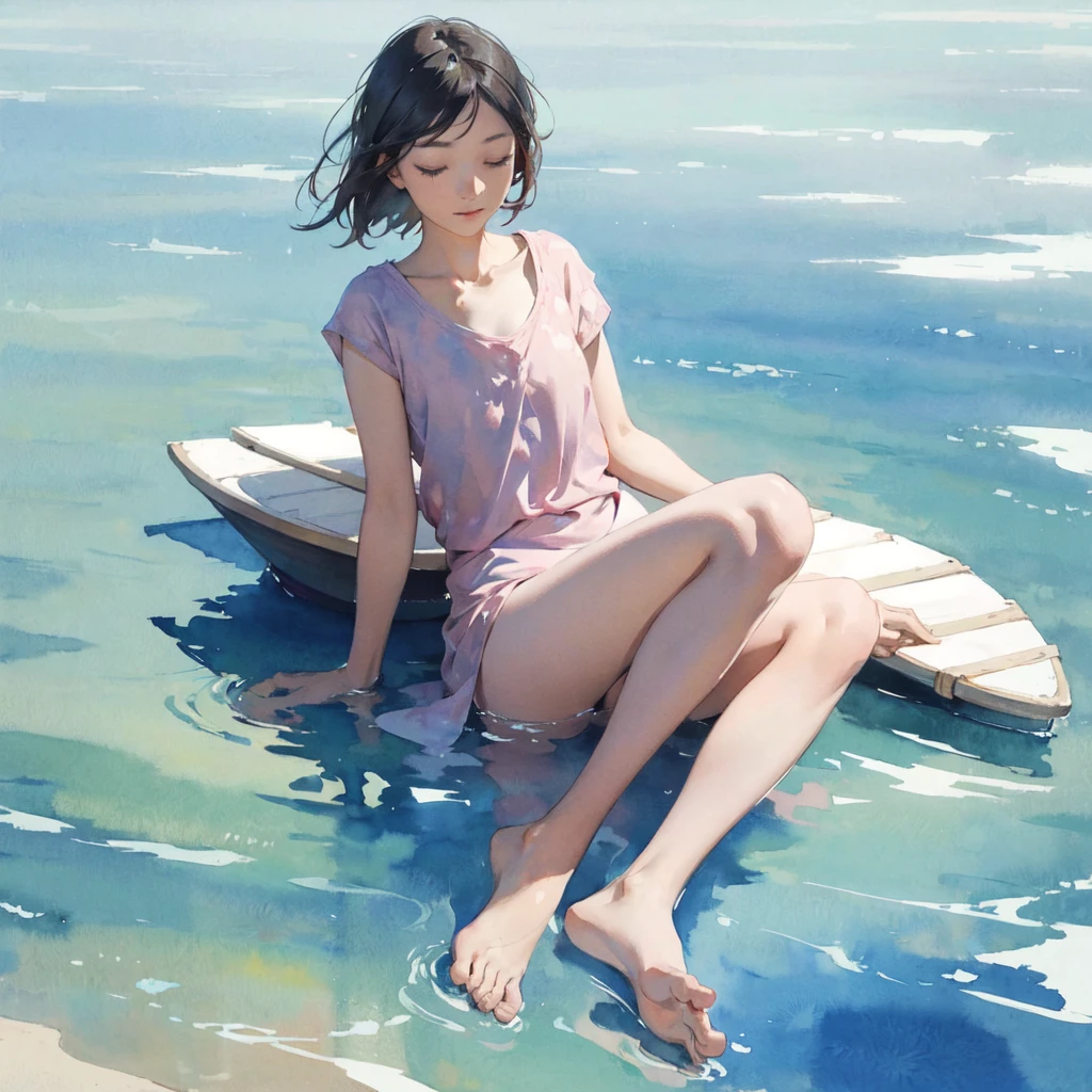 Tranquil voyager girl, in watercolor style, Photorealism, discreet pink and mint shades, barefoot