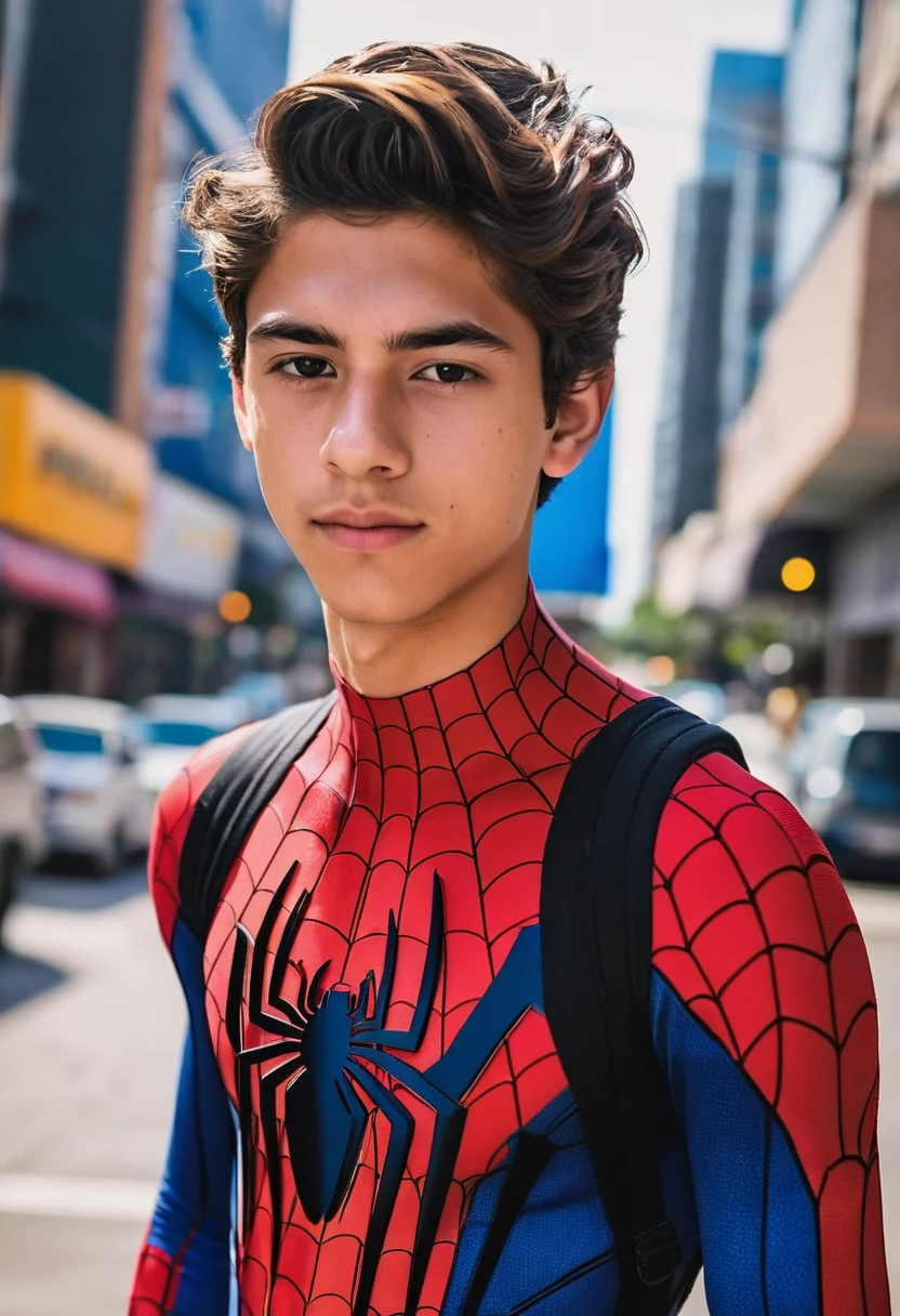 A nineteen year old half mexican half white. with short wavy brown hair wearing a spiderman suit. Well toned body and handsome