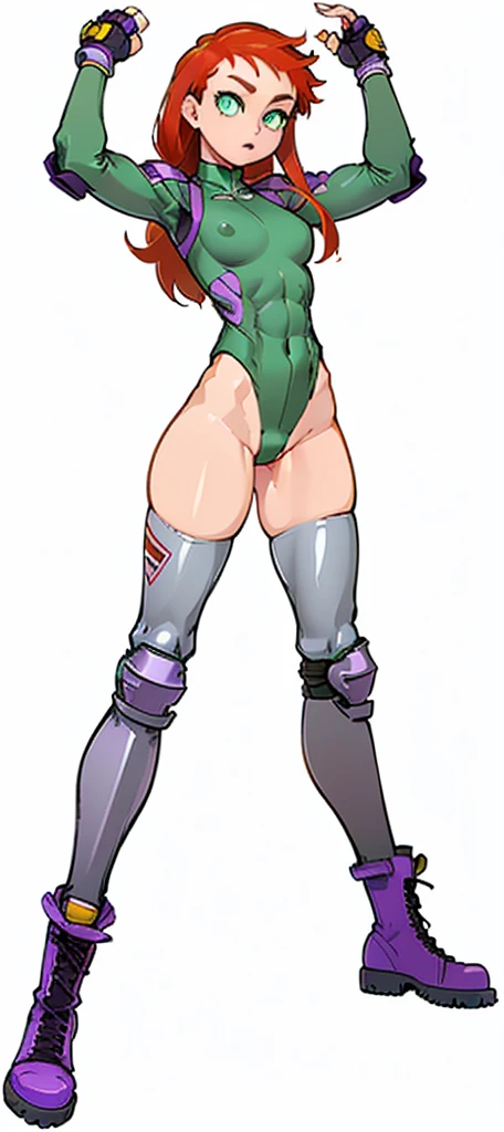 (My Hero Academia Style), ((((Kim Possible)))), ((Cartoon)), ((1girl)), (((Solo))), (((single Character))), (((Redhead))), (((long hair))), (((green eyes))), (((purple lips))), (((Green tight-fitting long-sleeved leotard))), (((Green tight-fitting leotard))), (((Long-sleeved tight-fitting leotard))), (((tight-fitting leotard))), (((Bare legs))), (((toned legs))), (((Wide thighs))), (((wide calves))), (((fingerless green gloves))), (((green gloves))), (((fingerless gloves))), (((slightly marked muscles))), (((medium breasts))), (((wide hips))), (((toned waist))), (((toned abdomen))), (((Abs))), (((purple knee-high combat boots with metallic toe))), (((purple knee-high boots))), (((knee-high combat boots with metal toe))), (((purple combat boots with metal toe))), (((purple combat boots))), (((combat boots with metal toe))), (((purple boots))), (((boots combat knee-length))), (((Silver metal knee pads))), (((metal knee pads))), (((silver knee pads))), ((((knee pads)))), (((Full body photo:1.5))), (((perfect anatomy))), (((perfect hands))), (((perfect face))), (((super detailed))), (((cowboy bull:1.5))),