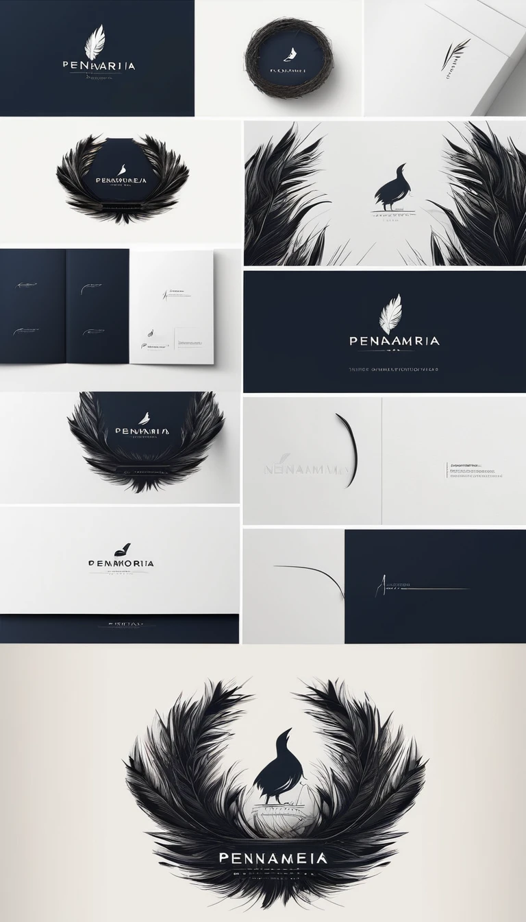 A minimal, modern, simple, cinematic logo design for the brand “Penamemoria". Create a modern, minimalistic, high-quality, logo of a boy inside a nest made of feathers. The logo must be a symbol for dreams, stories, memories, music and imagination.