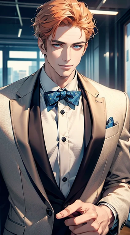 (best quality,4k,8k,highres,masterpiece:1.2),ultra-detailed,(realistic,photorealistic,photo-realistic:1.37),1 man,31 years old,mature man,very handsome,without expression,smile,short grey orange hair,blue eyes,penetrating gaze,perfect face without errors,imposing posture,businessman,office background,cinematic lighting,hdr image