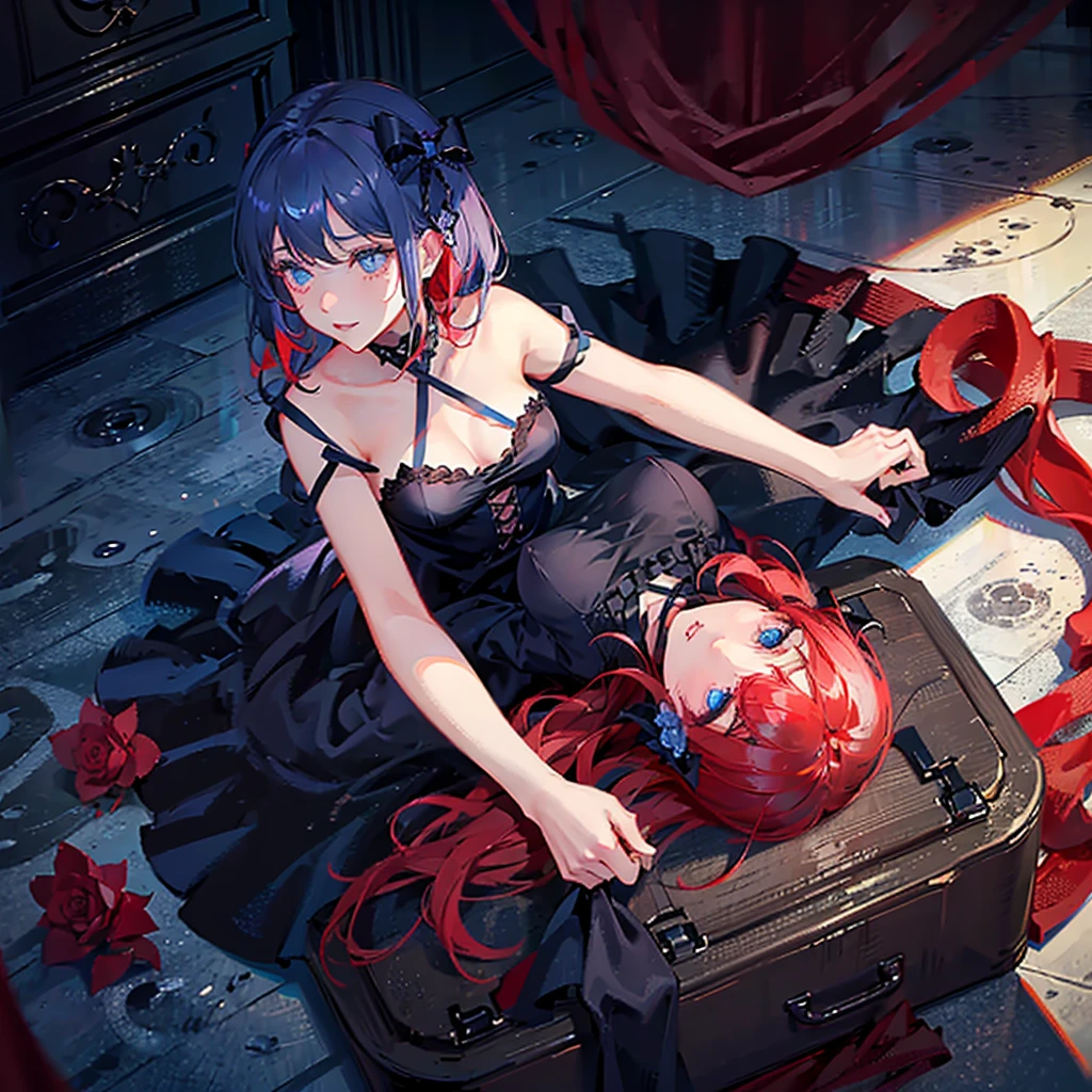 female laid on the floor, rotting roses, black dress, big bow laid aside of her, top point of view, long red hair, blue eyes