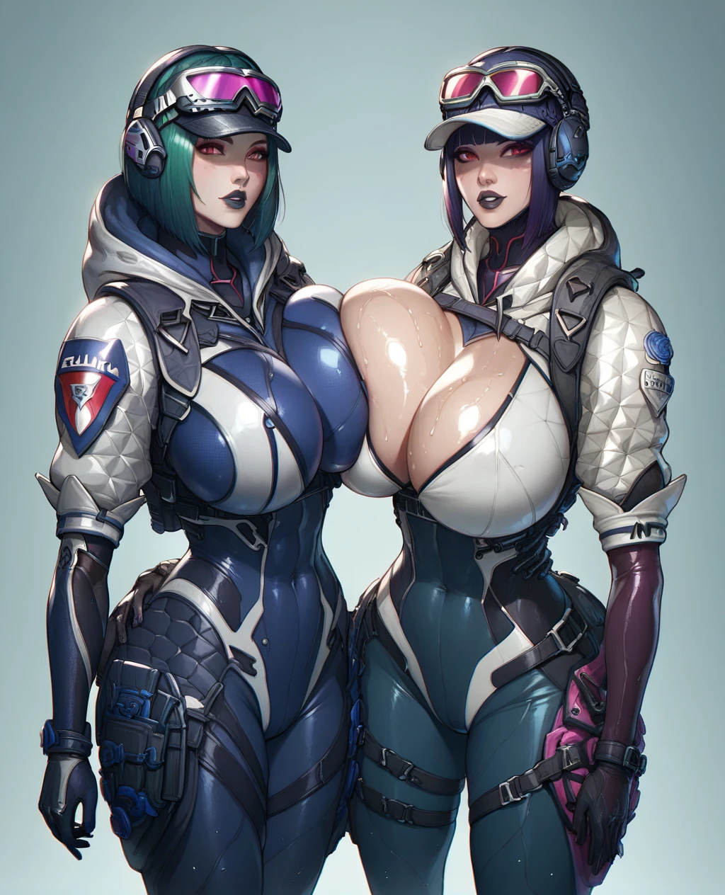 score_9, score_8_up, score_7_up, 2girls, Ela, ela elite \(Rainbow Six Siege\),ela, ela \(Rainbow Six Siege\,serana, voutfit, red eyes, slit pupils, black lips,(((massive breasts))), oiled, overhead shot, cupping breasts