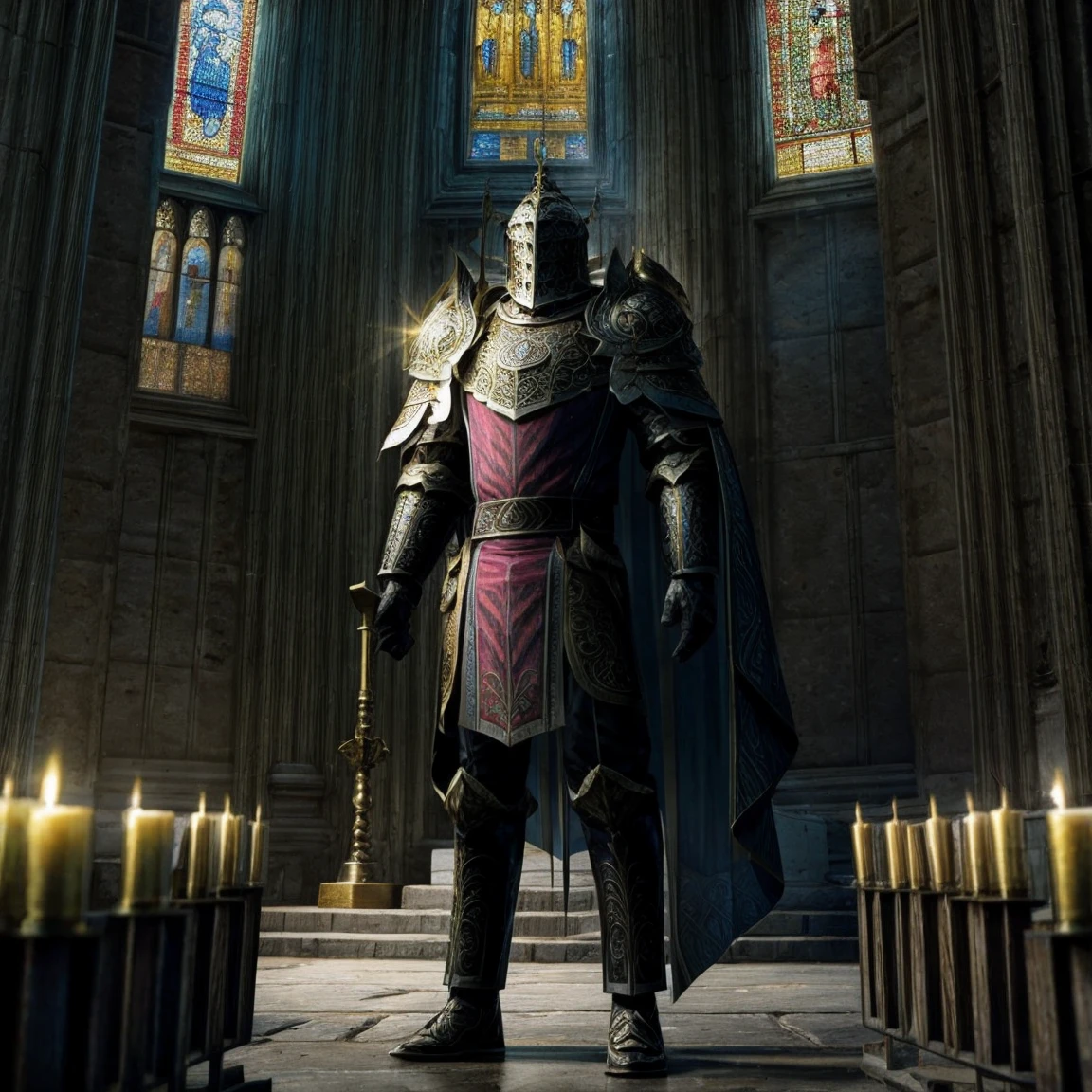 Draego, a medieval knight in shining armor, standing in front of an altar in a large cathedral, dramatic backdrop, high contrast, wide angle lens, vibrant colors, serene, detailed intricate armor, flowing cape, determined facial expression, sunlight streaming through stained glass windows, ornate altar with candles, dramatic shadows, cinematic composition, photorealistic, 8k, hyper detailed, masterpiece
