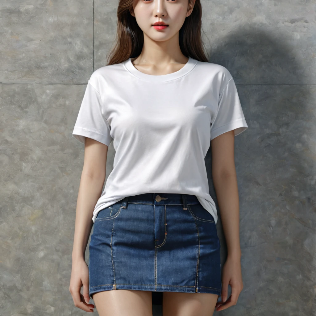 1:3 half body image, beautiful Korean girl, wearing a t-shirt and short skirt. ,UHD,(best quality,4k,8k,highres,masterpiece:1.2),ultra-detailed,(realistic,photorealistic,photo-realistic:1.37)