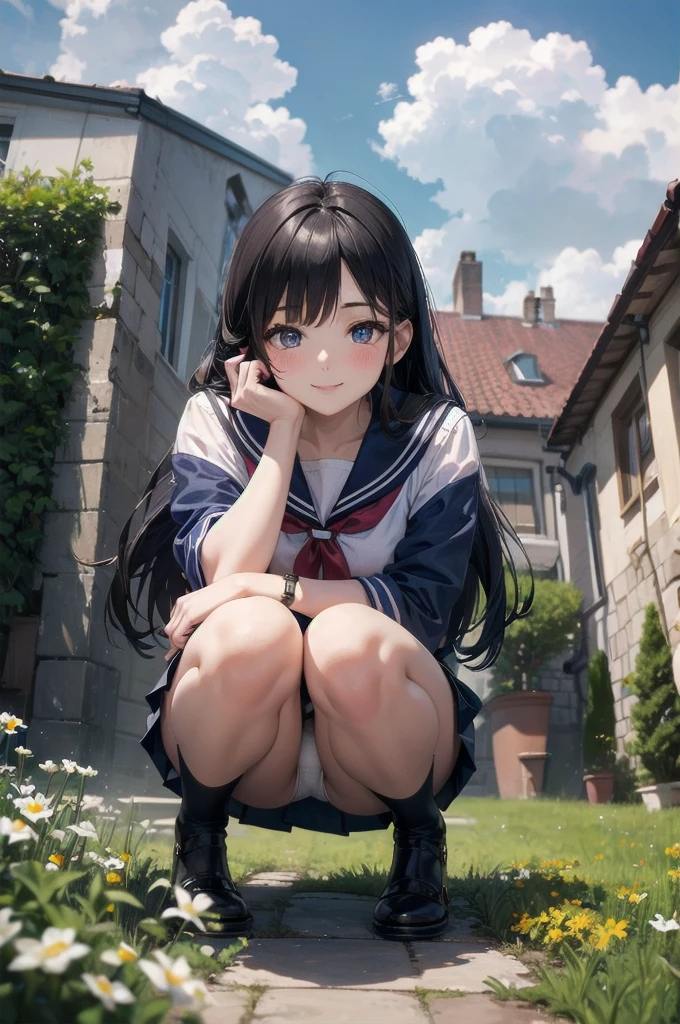 very cute and beautiful girl,(Very exquisite beautiful face and eyes:1.2),
(smile:1.15),blush,Black Hair,Sailor ,(Navy blue pleated mini skirt),
(From below),squat,White panties,
garden,grassland,Planting,
(Highest quality,masterpiece:1.2),Absurd,High resolution,Super detailed,Very detailed,32k,8K resolution,
Intricate details,Movie Scenes,Detailed Background,alone,Dynamic Angle,